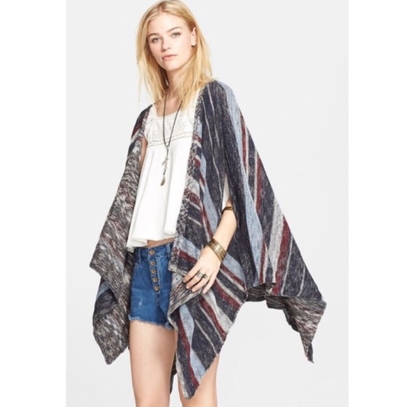 Free People Big Trail Poncho Cardigan Sweater Linen Blend Blue/Red/Gray XS - Picture 3 of 14